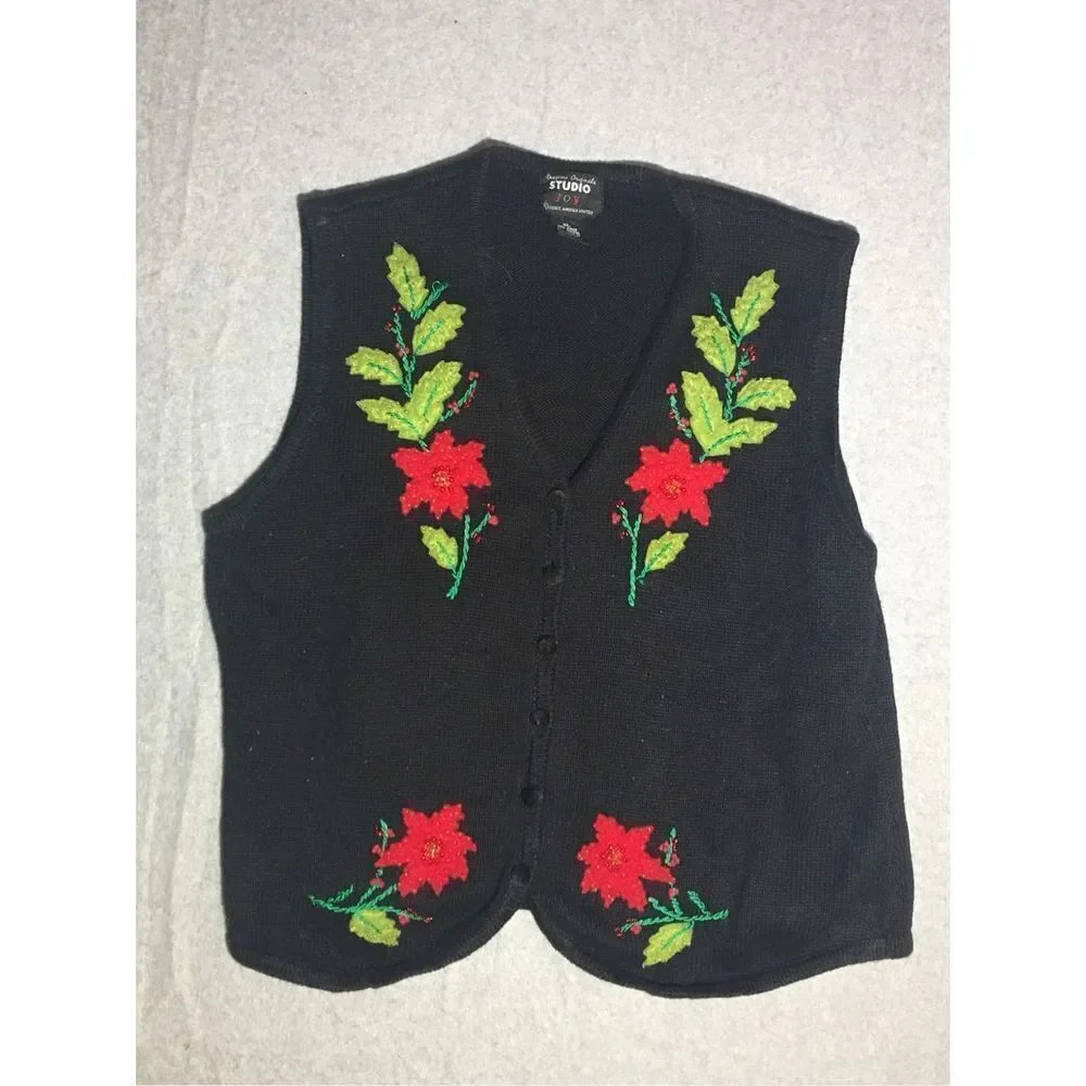 Womens Designers Originals Vest Size XL Christmas Flowers Black Red Holidays